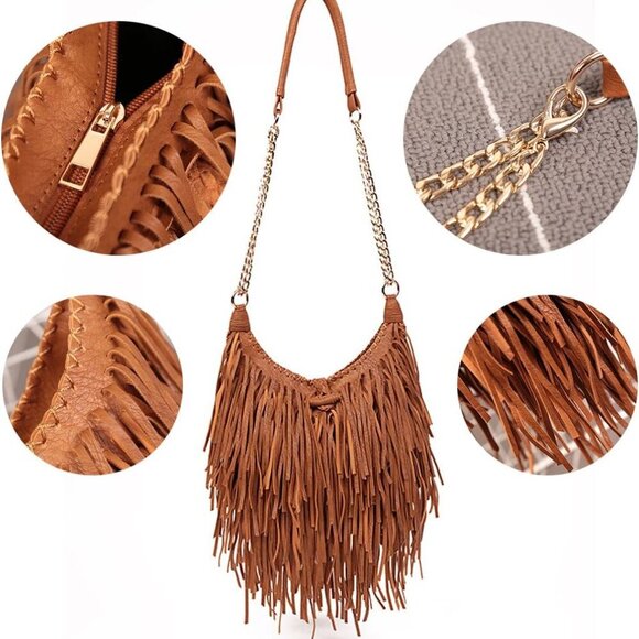 Women's Fringed Faux Suede Leather Cross Body Bag Chain Shoulder Bag Tassel Hand - Picture 6 of 6